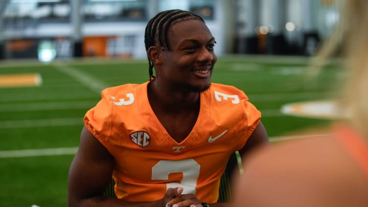 University of Tennessee WR Squirrel White (3) speaks to the press on media day at the campus in Knoxville, Tuesday, July 30, 2024.