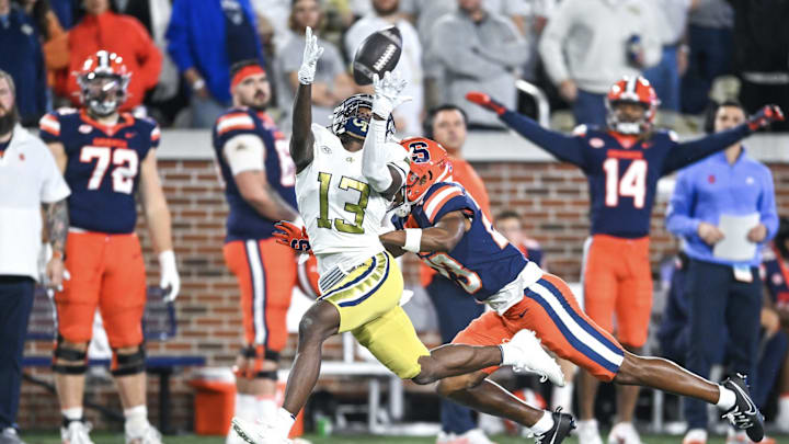 Georgia Tech wide receiver Eric Singleton Jr. attempts to catch a pass during the Yellowjackets’ win over the Orange in Atlanta Saturday. Georgia Tech wide receiver Eric Singleton Jr. attempts to catch a pass during the Yellowjackets’ win over the Orange in Atlanta Saturday.
