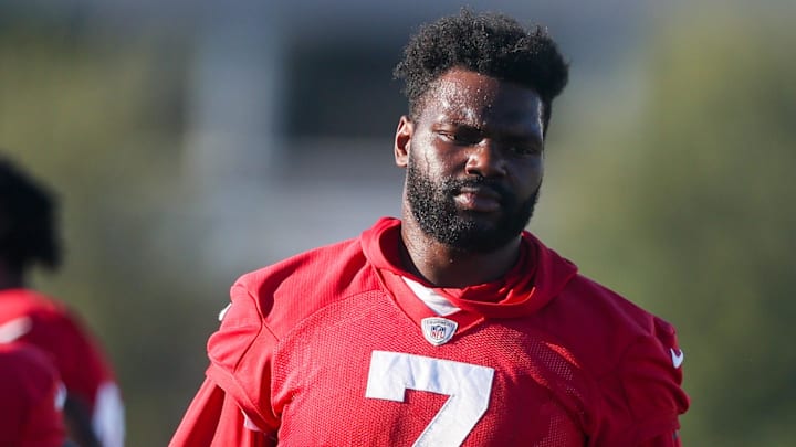 Aug 8, 2023; Tampa, FL, USA; Tampa Bay Buccaneers linebacker Shaquil Barrett (7) participates in training camp at AdventHealth Training Center. Mandatory Credit: Nathan Ray Seebeck-Imagn Images
