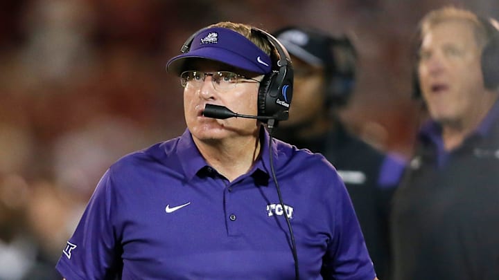 TCU coach Gary Patterson during a college football game between the University of Oklahoma Sooners (OU) and the TCU Horned Frogs at Gaylord Family-Oklahoma Memorial Stadium in Norman, Okla., Saturday, Oct. 16, 2021.  Oklahoma won 52-31.

Ou Vs Tcu
