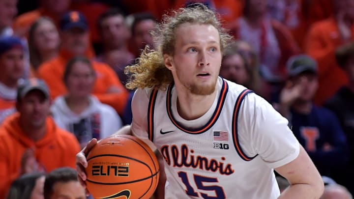 Feb 15, 2025; Champaign, Illinois, USA;  Illinois Fighting Illini forward Jake Davis (15) drives the ball during the second half against the Michigan State Spartans at State Farm Center. Mandatory Credit: Ron Johnson-Imagn Images