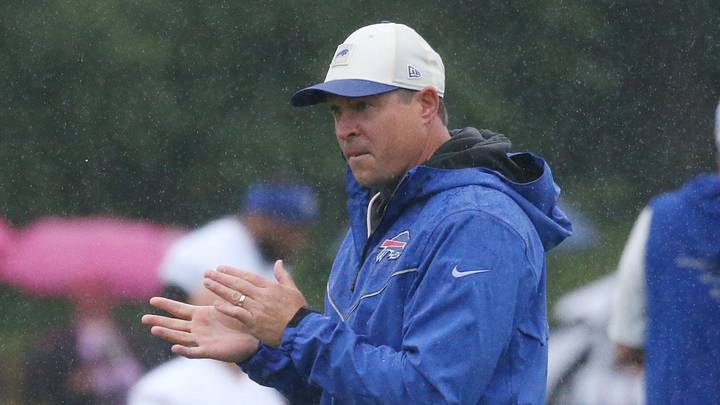 Bills new defensive coordinator Jim Leonhard during the opening day of Buffalo Bills training camp at St. John Fisher University Wednesday, July 29, 2026 in Pittsford. Bills new defensive coordinator Jim Leonhard during the opening day of Buffalo Bills training camp at St. John Fisher University Wednesday, July 29, 2026 in Pittsford.