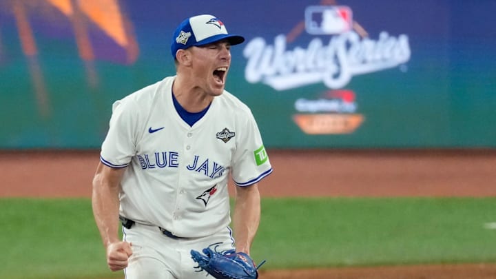 Oct 24, 2025; Toronto, Ontario, CAN; Toronto Blue Jays pitcher Chris Bassitt (40) celebrates after throwing against the Los Angeles Dodgers in the eighth inning during game one of the 2025 MLB World Series at Rogers Centre. Mandatory Credit: Kevin Sousa-Imagn Images