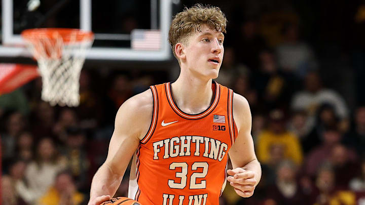 Feb 8, 2025; Minneapolis, Minnesota, USA; Illinois Fighting Illini guard Kasparas Jakucionis (32) dribbles the ball against the Minnesota Golden Gophers during the second half at Williams Arena. Mandatory Credit: Matt Krohn-Imagn Images Feb 8, 2025; Minneapolis, Minnesota, USA; Illinois Fighting Illini guard Kasparas Jakucionis (32) dribbles the ball against the Minnesota Golden Gophers during the second half at Williams Arena. Mandatory Credit: Matt Krohn-Imagn Images
