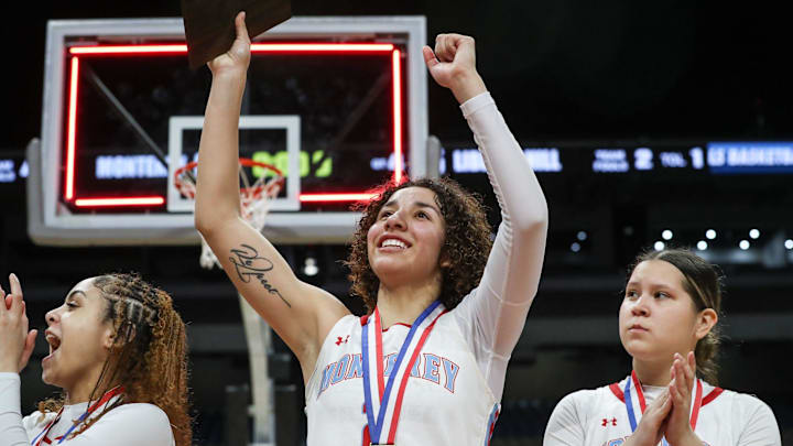 Monterey's Aaliyah Chavez celebrates after the Class 5A Division II state championship girls basketball game on Saturday, March 1, 2025, at the Alamodome in San Antonio. Monterey defeated Liberty Hill 64-35.