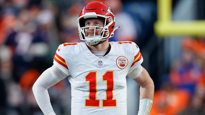 Jan 5, 2025; Denver, Colorado, USA; Kansas City Chiefs quarterback Carson Wentz (11) in the third quarter against the Denver Broncos at Empower Field at Mile High. Mandatory Credit: Isaiah J. Downing-Imagn Images