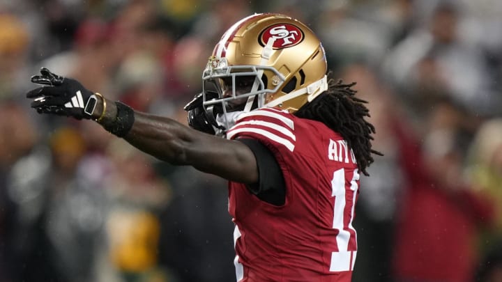 January 20, 2024; Santa Clara, CA, USA; San Francisco 49ers wide receiver Brandon Aiyuk (11) reacts