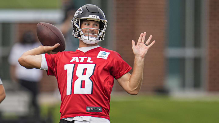 Jul 24, 2025; Flowery Branch, GA, USA; Atlanta Falcons quarterback Kirk Cousins (18)  passes during training camp at IBM Performance Field. Mandatory Credit: Dale Zanine-Imagn Images