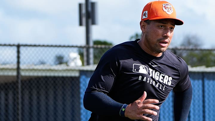 Detroit Tigers infielder Jahmai Jones runs during spring training at TigerTown in Lakeland, Fla. on Saturday, Feb. 15, 2025. Detroit Tigers infielder Jahmai Jones runs during spring training at TigerTown in Lakeland, Fla. on Saturday, Feb. 15, 2025.