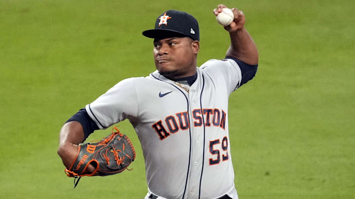 Oct 31, 2021; Atlanta, Georgia, USA; Houston Astros starting pitcher Framber Valdez (59) throws against the Atlanta Braves during the first inning of game five of the 2021 World Series at Truist Park.