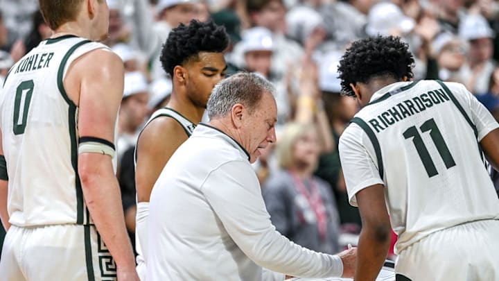 Michigan State's head coach Tom Izzo, center, talks to the team late during the second half in the game against Indiana on Tuesday, Feb. 11, 2025, at the Breslin Center in East Lansing.
