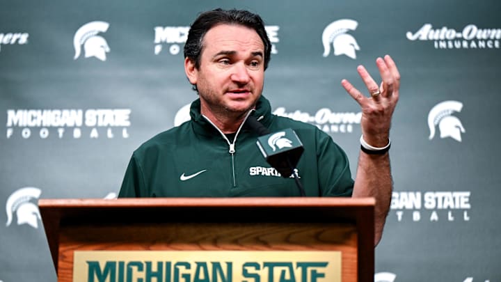 Michigan State coach Jonathan Smith talks the media on the first national signing day for college football recruits Wednesday, Dec. 4, 2024, at Spartan Stadium in East Lansing.