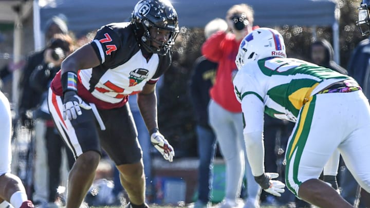 South team offensive lineman Shed Sarratt (74) of Gaffney High blocks during the first quarter of the 2024 Shrine Bowl of the Carolinasat Viking Stadium in Spartanburg, S.C. Saturday, December 21, 2024.