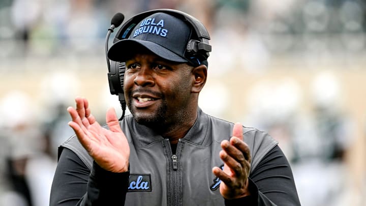 UCLA's interim head coach Tim Skipper celebrates after a Bruins touchdown against Michigan State during the third quarter on Saturday, Oct. 11, 2025, at Spartan Stadium in East Lansing.