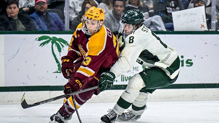 Michigan State's Maxim Strb‡k, right, pressures Minnesota's Jimmy Clark during the second period on Saturday, Jan. 25, 2025, at Munn Arena in East Lansing. Michigan State's Maxim Strb‡k, right, pressures Minnesota's Jimmy Clark during the second period on Saturday, Jan. 25, 2025, at Munn Arena in East Lansing.