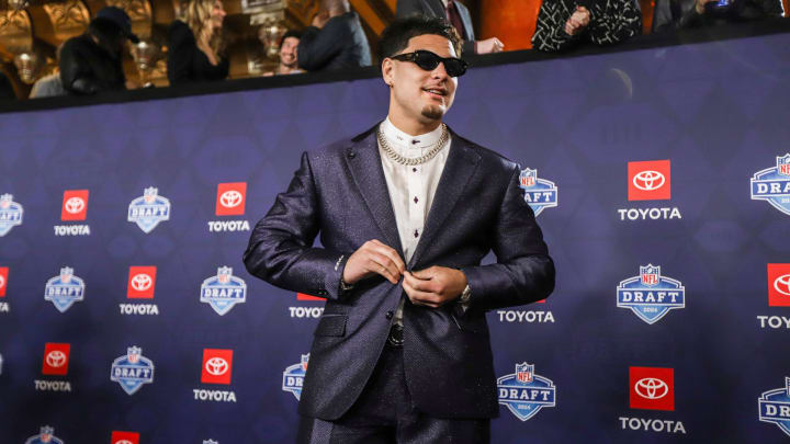 NFL Draft prospect Laiatu Latu walks the red carpet for NFL Draft day at the Fox Theatre in Detroit.