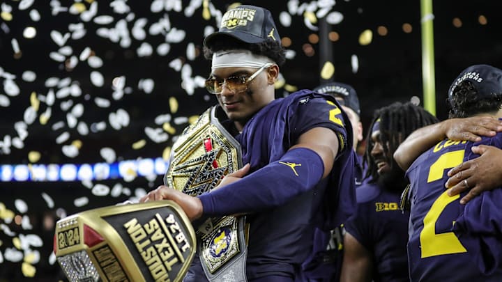 Michigan defensive back Will Johnson celebrate 34-13 win over Washington at the national championship game at NRG Stadium in Houston on Monday, Jan. 8, 2024.