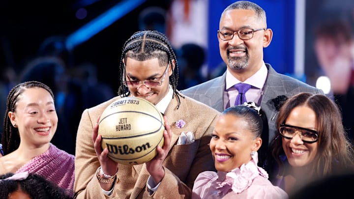 Jett Howard, father Juwan, and Howard family smile before the 2023 NBA Draft at Barclays Center in New York on June 22, 2023. The Howard family is wearing purple in honor of Jett's grandmother, Jermin Wardally, who has Alzheimer's disease. (Sarah Stier/Getty Images)(Sarah Stier via Getty Images) Jett Howard, father Juwan, and Howard family smile before the 2023 NBA Draft at Barclays Center in New York on June 22, 2023. The Howard family is wearing purple in honor of Jett's grandmother, Jermin Wardally, who has Alzheimer's disease. (Sarah Stier/Getty Images)(Sarah Stier via Getty Images)