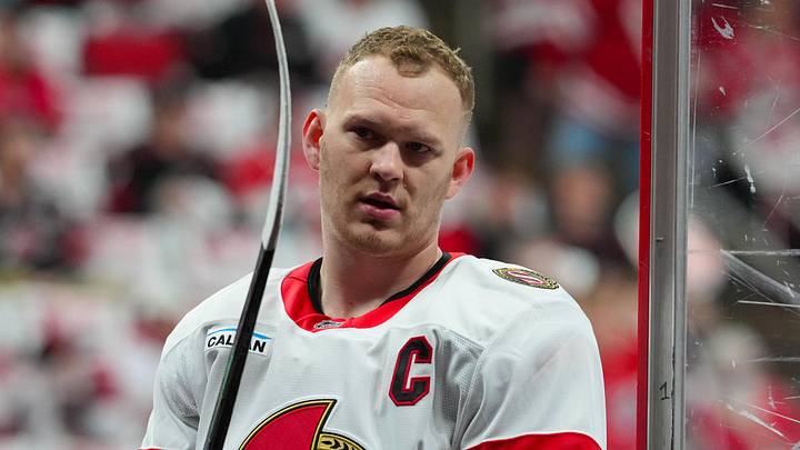 Apr 20, 2026; Raleigh, North Carolina, USA; Ottawa Senators left wing Brady Tkachuk (7) comes off the ice after the warmups before the game against the Carolina Hurricanes in game two of the first round of the 2026 Stanley Cup Playoffs at Lenovo Center. Mandatory Credit: James Guillory-Imagn Images