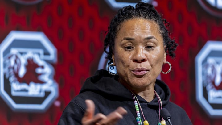 Oct 16, 2024; Birmingham, AL, USA; South Carolina Gamecocks head coach Dawn Staley talks with the media during SEC Media Days at Grand Bohemian Hotel. Mandatory Credit: Vasha Hunt-Imagn Images