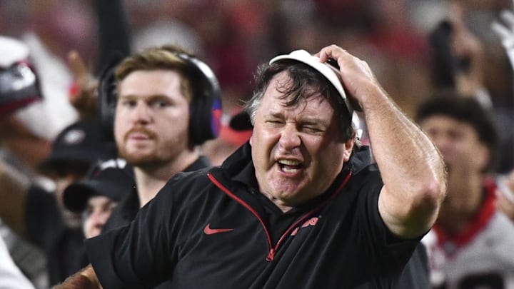 Sep 28, 2024; Tuscaloosa, Alabama, USA; Georgia Bulldogs head coach Kirby Smart celebrates after a successful two point conversion against the Alabama Crimson Tide at Bryant-Denny Stadium. Alabama defeated Georgia 41-34. Mandatory Credit: Gary Cosby Jr.-Imagn Images Sep 28, 2024; Tuscaloosa, Alabama, USA; Georgia Bulldogs head coach Kirby Smart celebrates after a successful two point conversion against the Alabama Crimson Tide at Bryant-Denny Stadium. Alabama defeated Georgia 41-34. Mandatory Credit: Gary Cosby Jr.-Imagn Images