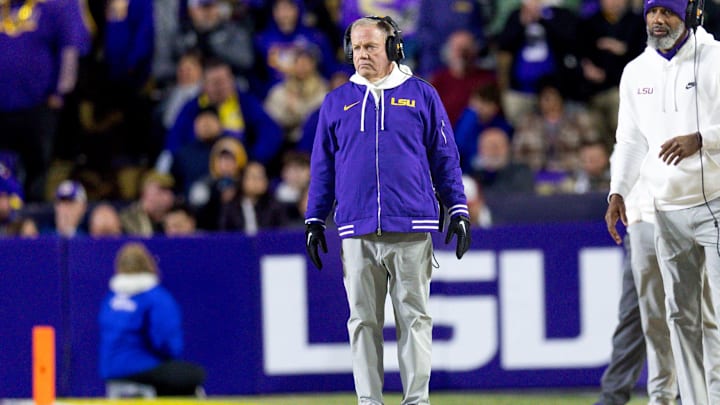 Nov 30, 2024; Baton Rouge, Louisiana, USA;  LSU Tigers head coach Brian Kelly looks on against the Oklahoma Sooners during the fourth quarter at Tiger Stadium. Mandatory Credit: Stephen Lew-Imagn Images