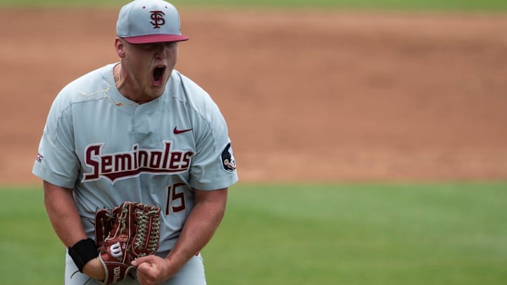 Florida State Seminoles pitcher Parker Messick (15) reacts after ending an inning on a strike as Florida State Seminoles take on UCLA Bruins during the NCAA regional baseball tournament at Plainsman Park in Auburn, Ala., on Friday, June 3, 2022.