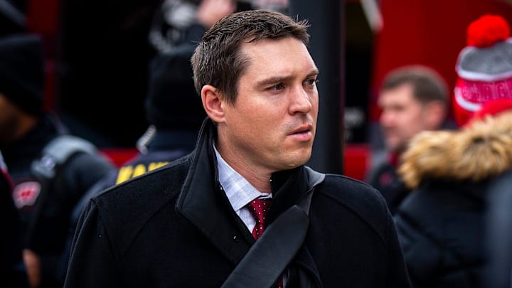 Wisconsin interim head coach Jim Leonhard arrives before an NCAA Big Ten Conference football game against Iowa.