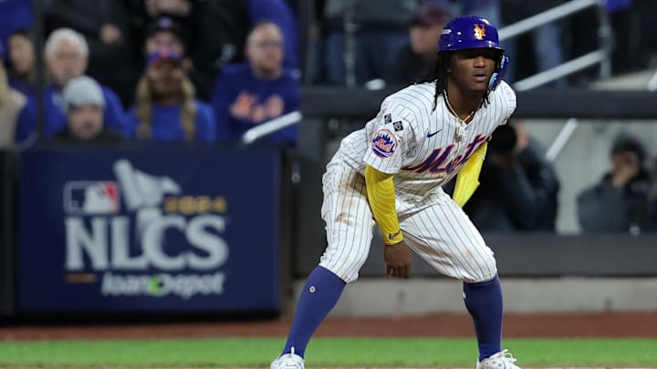 Oct 18, 2024; New York City, New York, USA; New York Mets pinch runner Luisangel Acuna (2) leads off first base during the eighth inning of game five of the NLCS against the Los Angeles Dodgers during the 2024 MLB playoffs at Citi Field. Mandatory Credit: Brad Penner-Imagn Images Oct 18, 2024; New York City, New York, USA; New York Mets pinch runner Luisangel Acuna (2) leads off first base during the eighth inning of game five of the NLCS against the Los Angeles Dodgers during the 2024 MLB playoffs at Citi Field. Mandatory Credit: Brad Penner-Imagn Images