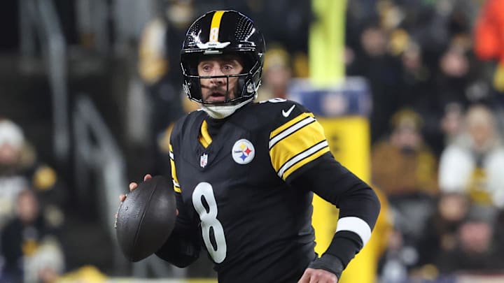 Jan 4, 2026; Pittsburgh, Pennsylvania, USA; Pittsburgh Steelers quarterback Aaron Rodgers (8) drops back to pass against the Baltimore Ravens during the first half at Acrisure Stadium. Mandatory Credit: Charles LeClaire-Imagn Images