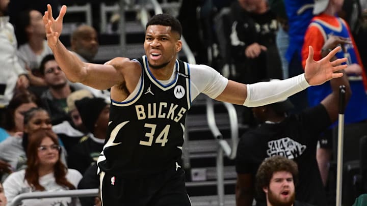 Apr 10, 2025; Milwaukee, Wisconsin, USA; Milwaukee Bucks forward Giannis Antetokounmpo (34) reacts in the second quarter against the New Orleans Pelicans at Fiserv Forum. Mandatory Credit: Benny Sieu-Imagn Images