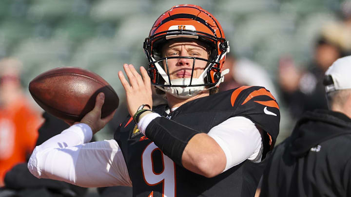 Jan 4, 2026; Cincinnati, Ohio, USA; Cincinnati Bengals quarterback Joe Burrow (9) participates in pregame warmups against the Cleveland Browns at Paycor Stadium. Mandatory Credit: Joseph Maiorana-Imagn Images