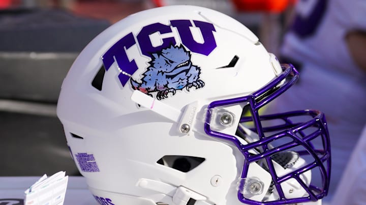 A general view of a TCU Horned Frogs helmet. A general view of a TCU Horned Frogs helmet.