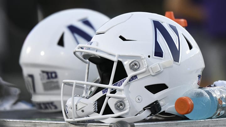 Sep 18, 2021; Durham, North Carolina, USA; A Northwestern Wildcats helmet sits on an equipment chest during the fourth quarter at Wallace Wade Stadium. Mandatory Credit: William Howard-Imagn Images