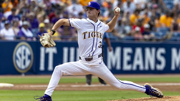May 25, 2024; Hoover, AL, USA; LSU Tigers pitcher Kade Anderson (32) pitches against the South Carolina Gamecocks during the SEC Baseball Tournament at Hoover Metropolitan Stadium. Mandatory Credit: Vasha Hunt-Imagn Images