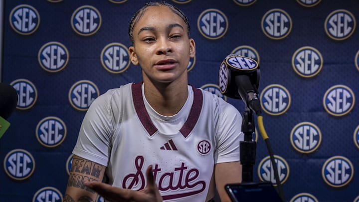 Oct 16, 2024; Birmingham, AL, USA; Mississippi State Bulldogs guard Jerkaila Jordan talks with the media during SEC Media Days at Grand Bohemian Hotel. Mandatory Credit: Vasha Hunt-Imagn Images