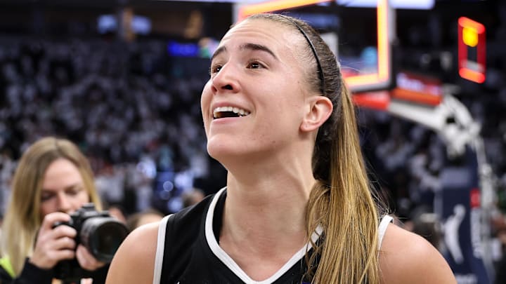 Oct 16, 2024; Minneapolis, Minnesota, USA; New York Liberty guard Sabrina Ionescu (20) celebrates her teams win after game three of the 2024 WNBA Finals against the Minnesota Lynx at Target Center. Mandatory Credit: Matt Krohn-Imagn Images Oct 16, 2024; Minneapolis, Minnesota, USA; New York Liberty guard Sabrina Ionescu (20) celebrates her teams win after game three of the 2024 WNBA Finals against the Minnesota Lynx at Target Center. Mandatory Credit: Matt Krohn-Imagn Images
