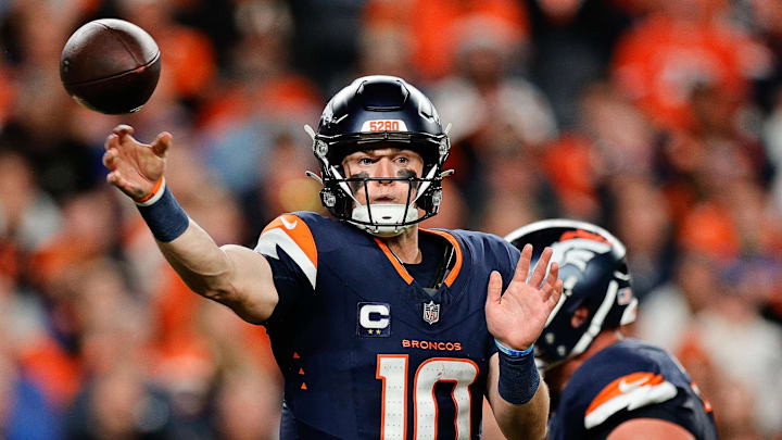 Sep 29, 2025; Denver, Colorado, USA;  Denver Broncos quarterback Bo Nix (10) throws a pass during the third quarter against the Cincinnati Bengals at Empower Field at Mile High. Mandatory Credit: Isaiah J. Downing-Imagn Images