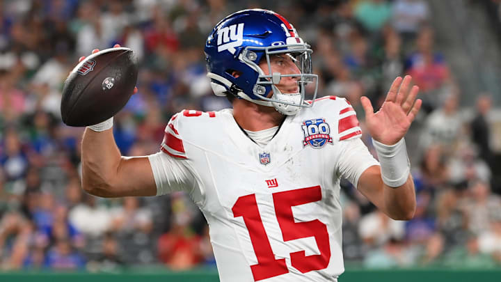 Aug 24, 2024; East Rutherford, New Jersey, USA; New York Giants quarterback Tommy DeVito (15) passes the ball against the New York Jets during the second half at MetLife Stadium. Aug 24, 2024; East Rutherford, New Jersey, USA; New York Giants quarterback Tommy DeVito (15) passes the ball against the New York Jets during the second half at MetLife Stadium.