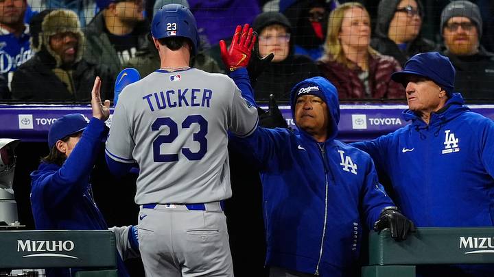 Apr 17, 2026; Denver, Colorado, USA; Los Angeles Dodgers manager Dave Roberts (30) and right fielder Kyle Tucker (23) celebrate a run scored in the fourth inning against the Colorado Rockies at Coors Field. Mandatory Credit: Ron Chenoy-Imagn Images Apr 17, 2026; Denver, Colorado, USA; Los Angeles Dodgers manager Dave Roberts (30) and right fielder Kyle Tucker (23) celebrate a run scored in the fourth inning against the Colorado Rockies at Coors Field. Mandatory Credit: Ron Chenoy-Imagn Images