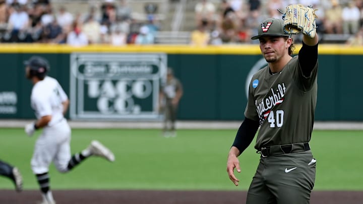 Vanderbilt pitcher Austin Nye (40) reacts after a solo run home by Wright State's Luke Arnold, left, during the first inning of the Nashville Regional NCAA Baseball Tournament elimination game at Hawkins Field Sunday, June 1, 2025, in Nashville, Tenn.