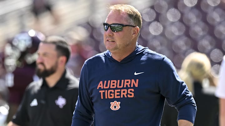 Sep 27, 2025; College Station, Texas, USA; Auburn Tigers head coach Hugh Freeze stands on the field prior to the game against the Texas A&M Aggies at Kyle Field. 