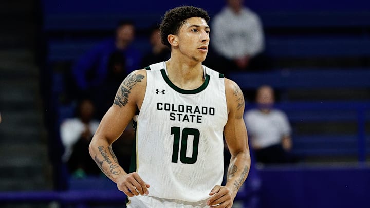Feb 25, 2025; Colorado Springs, Colorado, USA; Colorado State Rams guard Nique Clifford (10) in the first half against the Air Force Falcons at Clune Arena.