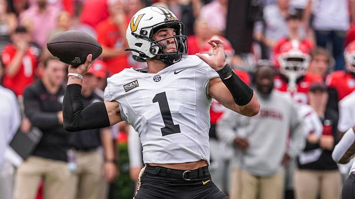 Oct 3, 2026; Athens, Georgia, USA; Vanderbilt Commodores quarterback Blaze Berlowitz (1) passes against the Georgia Bulldogs during the first quarter at Sanford Stadium. Mandatory Credit: Dale Zanine-Imagn Images Oct 3, 2026; Athens, Georgia, USA; Vanderbilt Commodores quarterback Blaze Berlowitz (1) passes against the Georgia Bulldogs during the first quarter at Sanford Stadium. Mandatory Credit: Dale Zanine-Imagn Images