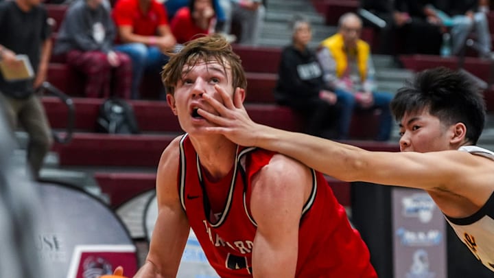Duke basketball freshman Nikolas Khamenia looks to shoot as Bellevue's Bryce Kageyama defends during the second quarter of their game in the Desert Holiday Classic in Rancho Mirage, Calif., Thursday, Dec. 26, 2024.