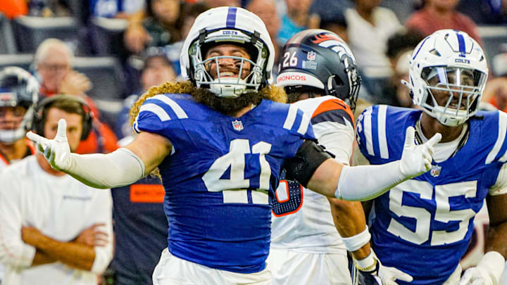 Indianapolis Colts linebacker Grant Stuard (41) celebrates a play during a pre-season game between the Indianapolis Colts and the Denver Broncos on Sunday, August. 11, 2024 at Lucas Oil Stadium in Indianapolis.