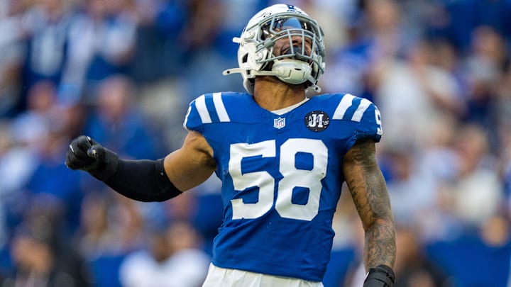 Indianapolis Colts linebacker Austin Ajiake (58) celebrates a hit on the quarterback Sunday, Oct. 12, 2025, against the Arizona Cardinals at Lucas Oil Stadium in Indianapolis.