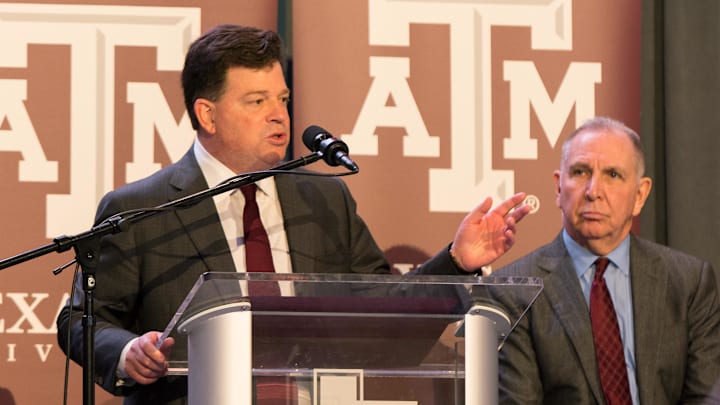 Former UW athletic director Scott Woodward is shown at Texas A&M in 2017 after hiring Jimbo Fisher as coach. 