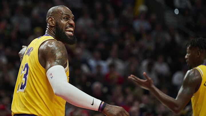 Feb 20, 2025; Portland, Oregon, USA; Los Angeles Lakers forward LeBron James (23) reacts to a call during the first half against the Portland Trail Blazers at Moda Center. Mandatory Credit: Troy Wayrynen-Imagn Images Feb 20, 2025; Portland, Oregon, USA; Los Angeles Lakers forward LeBron James (23) reacts to a call during the first half against the Portland Trail Blazers at Moda Center. Mandatory Credit: Troy Wayrynen-Imagn Images