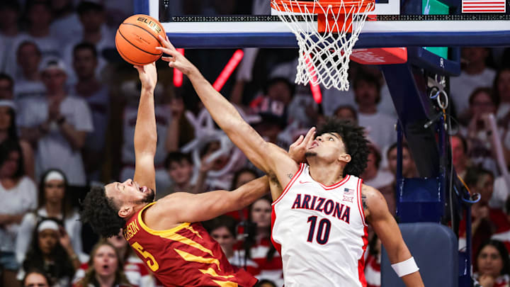 Mar 2, 2026; Tucson, Arizona, USA; Arizona Wildcats forward Koa Peat (10) blocks a shot by Iowa State Cyclones forward Joshua Jefferson (5) during the second half of the game at McKale Memorial Center. Mandatory Credit: Aryanna Frank-Imagn Images Mar 2, 2026; Tucson, Arizona, USA; Arizona Wildcats forward Koa Peat (10) blocks a shot by Iowa State Cyclones forward Joshua Jefferson (5) during the second half of the game at McKale Memorial Center. Mandatory Credit: Aryanna Frank-Imagn Images